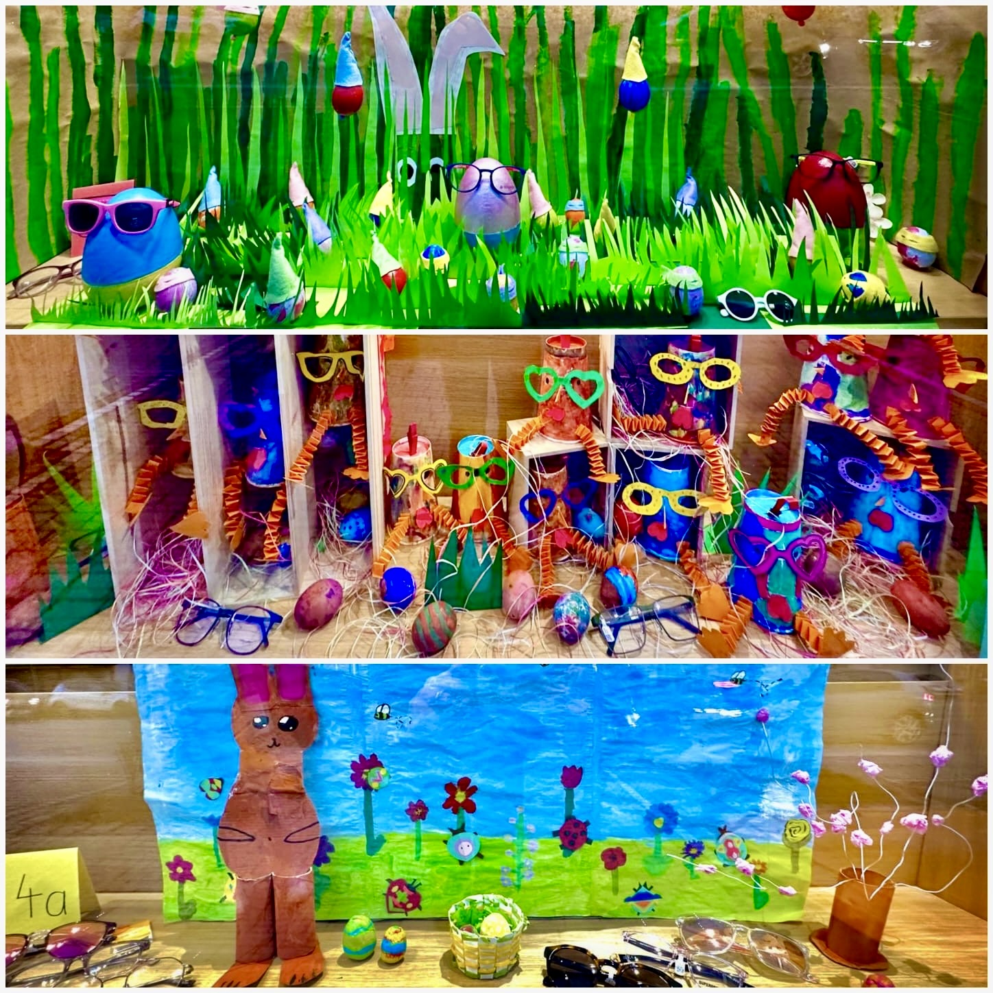 Bunte Ostermärchenlandschaften in den Optiker-Schaufenstern. 